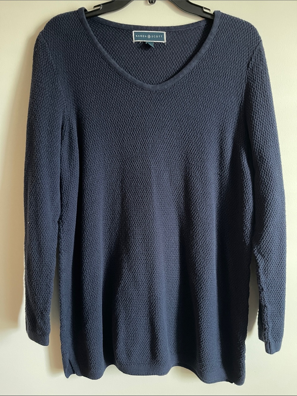 Karen Scott Dark Navy Textured V-Neck Sweater, 1X